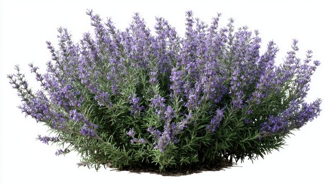 A stunning image of rosemary, (Salvia rosmarinus, Rosmarinus officinalis) plant set frontal bush herbaceous perennial plant isolated png on a white background perfectly cutout.