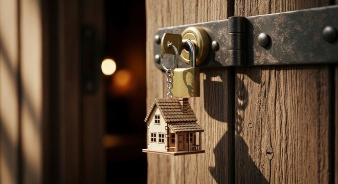 Miniature house and key in lock represents security and real estate concept