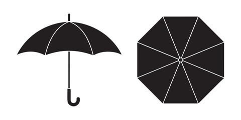 Obraz premium Black umbrella open side and top view vector icon isolated on white background simple.