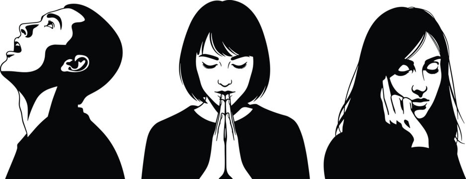 Vector illustration of diverse people expressing emotions, featuring a man looking up and women in prayer and deep thoughtful contemplation.