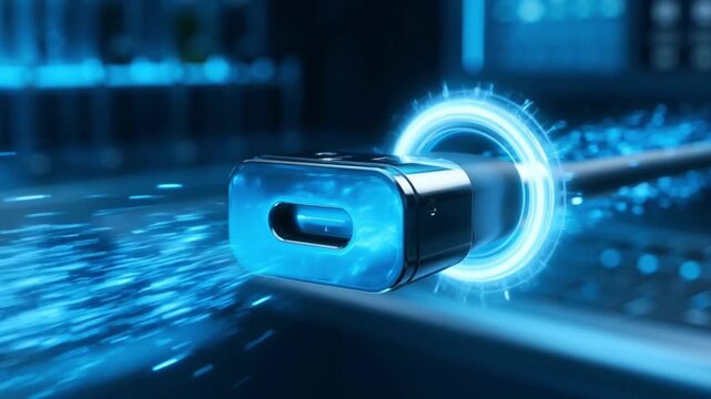 A close-up of a USB connector with a glowing blue light.