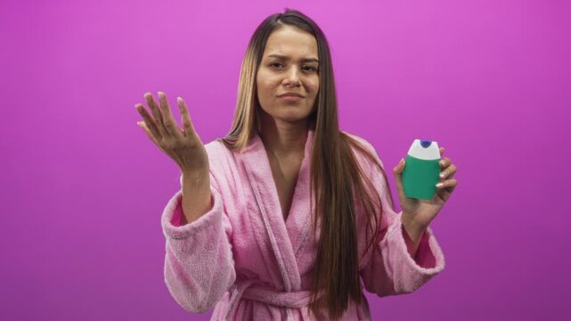 Woman in pink bathrobe holds toothpaste bottle with raised palm questioning and hand near cheek in studio; doubt product choice.