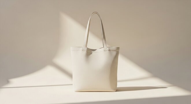 Cream canvas tote bag on ivory cyclorama studio with soft morning window light, editorial minimalist product photography for ecommerce branding