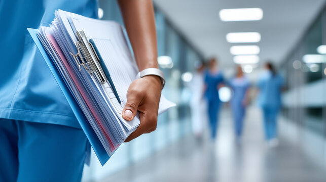 Close-up of a hand in scrubs holding a medical chart while walking down a bright hospital corridor, the chart folder showing patient tabs and a pen clipped to the edge, the corrido