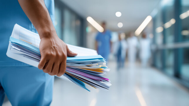 Close-up of a hand in scrubs holding a medical chart while walking down a bright hospital corridor, the chart folder showing patient tabs and a pen clipped to the edge, the corrido