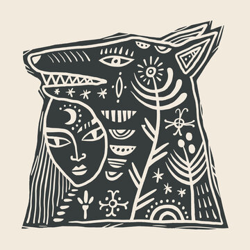 Vector Mystic Woman in Shamanic Wolf Mask Daughter of the Forest, North Spirit Fairytale Mythical Girl Sacred Animal Hide Folk Floral Illustration Clipart