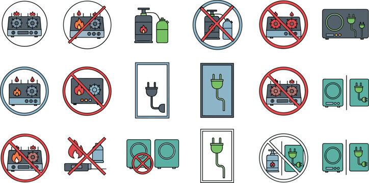 Collection of no fire signs and symbols for safety warnings and labels on white background