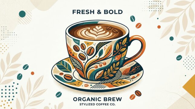 Stylized Coffee Cup Illustration with Organic Brew Graphic Design
