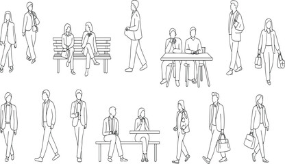 Obraz premium Collection of twelve minimalist line drawings of people in everyday poses, walking, sitting, conversing, carrying bags, and engaging in daily activities