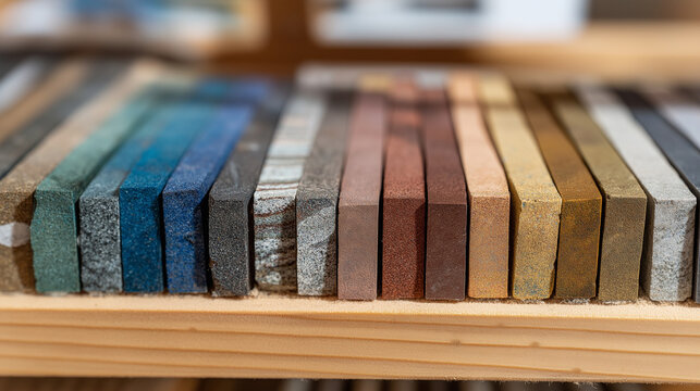pushdown. Geological core samples on a wooden rack, revealing stratified earth layers. STEM education sheets, lab safety posters, designed for STEM education and laboratory safety posters.