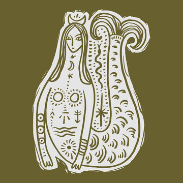 Linocut style illustration minimalist mermaid goddess, traditional folk art aesthetics, modern line work linocut engraving vector clipart. Perfect for mystical decor, nautical folklore books and more