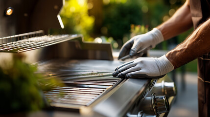 Fototapeta premium Close-up of hands (faceless)in clean rubber gloves assembling a stainless steel portable grill, Outdoor Cooking concept, sharp focus on the metallic glint and skin texture, soft ga