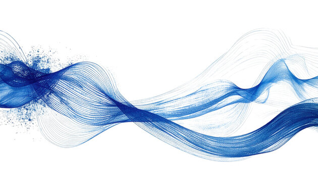 Dise&ntilde;o abstracto de ondas azules et&eacute;reas y part&iacute;culas que fluyen, creando una composici&oacute;n din&aacute;mica y moderna sobre blanco.