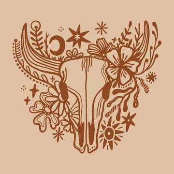 Bohemian western cattle skull graphic with blooming desert plants, feminine desert rose aesthetic, rustic cowgirl branding element in minimalist engraving style, illustration for t-shirt print and