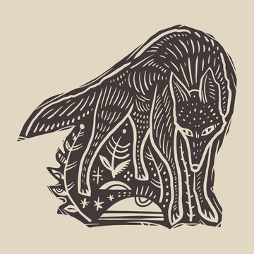 Minimalist Folk Wolf Illustration in Linocut Style. Ornamental Werewolf Folklore Vector Clipart.