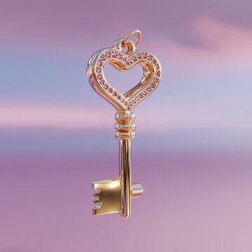 A decorative golden key with a heart shaped head