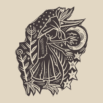 Kikimora Slavic Folklore Spirit Minimalist Linocut Style Vector Mythical Swamp Witch Illustration Hand-Drawn Folk Clipart Print