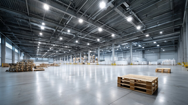 A vast, wide-angle landscape shot of a massive industrial warehouse designed for storing plastic bags. However, the space is dramatically empty with only one or two wooden pallets