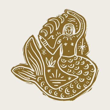 Linocut style illustration minimalist mermaid goddess, traditional folk art aesthetics, modern line work linocut engraving vector clipart. Perfect for mystical decor, nautical folklore books and more