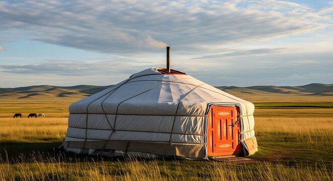 Mongolian Ger in Vast Landscape - A Traditional Dwelling.