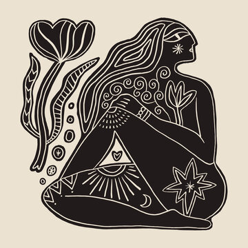 Celestial moon goddess in a yoga meditation pose. Monochrome ornamental design featuring ethnic patterns, sacred geometry, and boho aesthetic. Perfect for spiritual branding, wellness logos, yoga