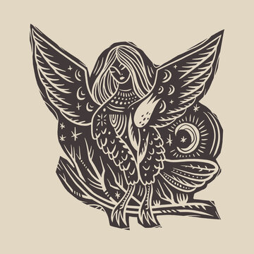 Minimalist Slavic Folklore Bird Sirin Linocut Style Alkonost Vector Illustration Clipart