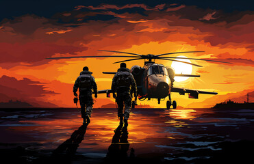 Obraz premium silhouette of military special force unit with helicopter in the background under sunset sky