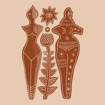 Minimalist Neolithic Mother Goddess, vector clip-art boho sacred feminine abstract figures in linocut engraving style, nature grounding illustration