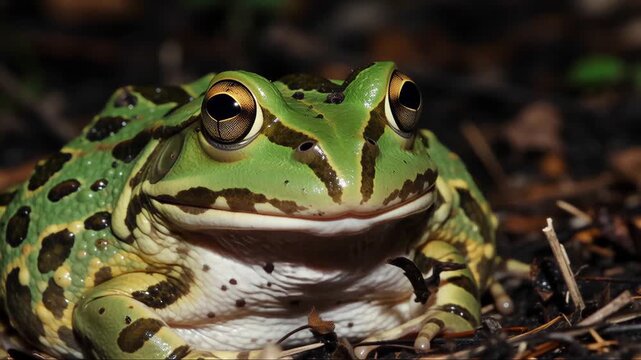 Close up of frog with open mouth on forest floor wildlife macro