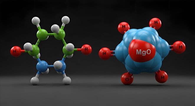 3D molecular models of benzene and magnesium oxide with hydrogen atoms