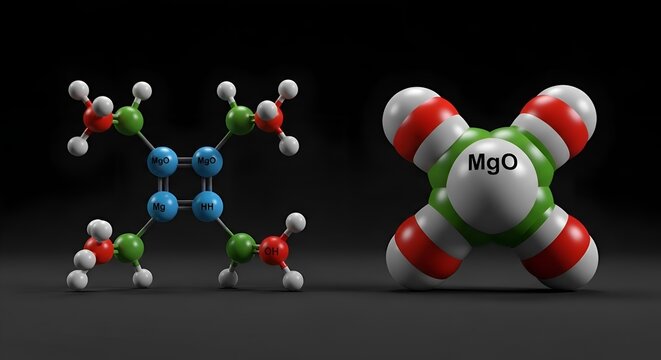Molecular structure of Magnesium Oxide and an organic compound on a dark background