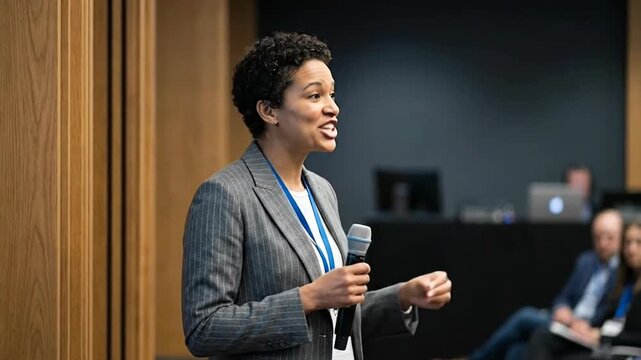 Confident Woman Presenting at Conference, Engaging Audience