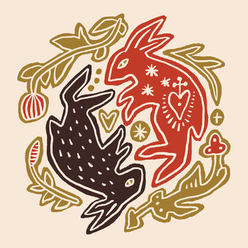 Rustic Boho Scandinavian Handcrafted Minimalist Rabbit Folk Easter Bunny Hare Linocut Style Vintage Print Vector Clipart Illustration