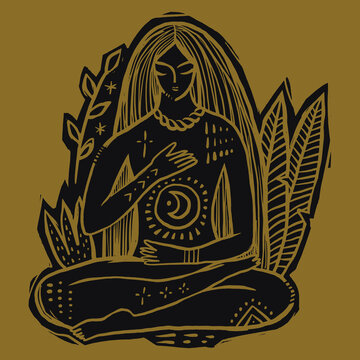 Celestial moon goddess in a yoga meditation pose. Monochrome ornamental design featuring ethnic patterns, sacred geometry, and boho aesthetic. Perfect for spiritual branding, wellness logos, yoga