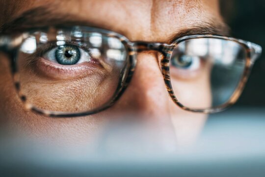 Eyes Focused on Laptop Screen Reflected in Glasses

