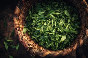 Woven basket filled with fresh picked green tea leaves