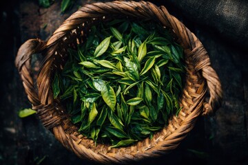 Woven basket filled with fresh picked green tea leaves