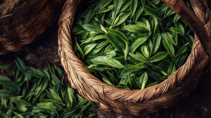 Woven basket filled with fresh picked green tea leaves