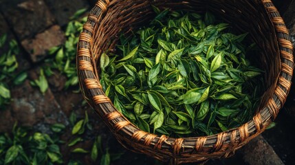 Woven basket filled with fresh picked green tea leaves