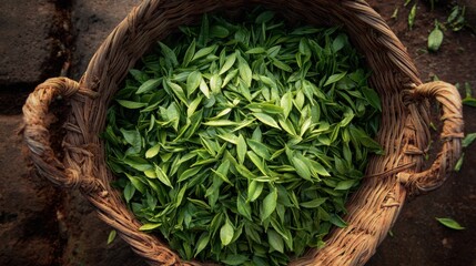 Woven basket filled with fresh picked green tea leaves