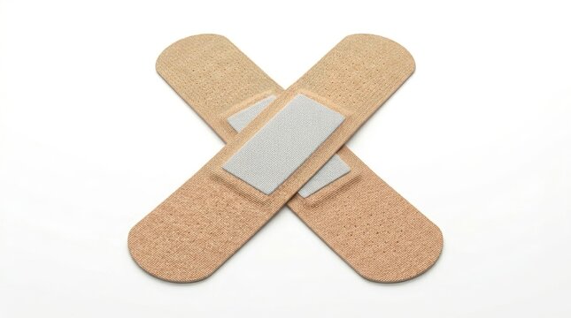 Two beige adhesive bandages crossed in an x shape, symbolizing care and first aid, against a clean white background with soft lighting.