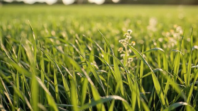 Closeup view of green grass field with soft sunlight.