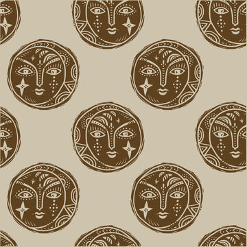 Seamless pattern with minimalist folk moon face. Boho tileable celestial ornament in linocut style. Vector illustration of mystical lunar phases with stars for fabric, wallpaper, wrapping paper