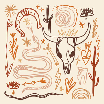 Elegant fine line vector illustration featuring a bull skull, serpent, and horseshoe set against a desert landscape plants. Designed in a linear western boho style with mystical cowgirl vibes. Perfect