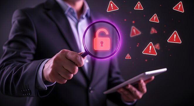 Keamanan Diperiksa Dengan Kaca Pembesar Menampilkan Ikon Gembok Dan Tanda Peringatan