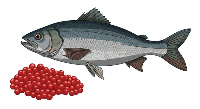 Realistic illustration of a silver fish alongside a pile of bright red fish roe or caviar for seafood and culinary themes.