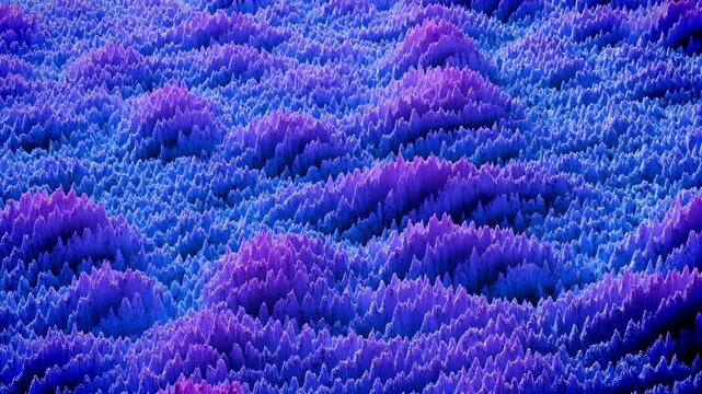 Stylized moving data visualization surface in neon violet and blue. Versatile background ideal for themes involving cybersecurity, big data, nanotechnology, or futuristic environments.