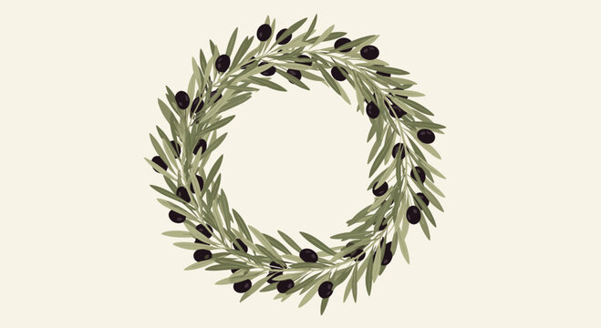 Classic olive branch wreath featuring green leaves and dark black olives arranged in a circular frame on a light cream-colored background.