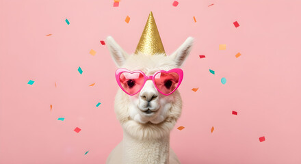 Naklejka premium Festive llama with unicorn horn and sunglasses a celebration of whimsy