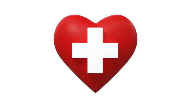 3D Red Heart with white Cross Inlay for Healthcare and Medical Concepts